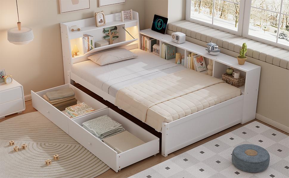 Single bed, headboard with storage compartment + 2 lights, with charging socket, storage cabinets and drawers, pine+chipboard+MDF, white, 90x200cm