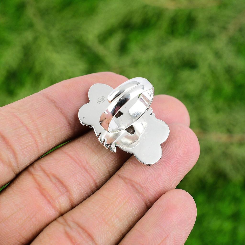 Natural Black Rutilated Quartz 925 Silver Flower Adjustable Ring For Women