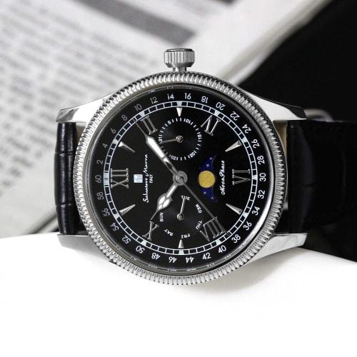 Salvatore Marra Men's Limited Edition Silver/Black Watch, Moon Phase, Multi-Calendar, 5 ATM Water Resistance, Leather Strap, Business/Formal Wear, SM2