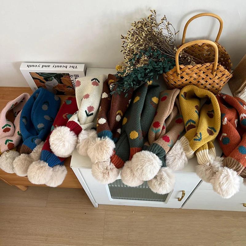 Kids Winter Scarf Floral Patchwork Windproof Neck Warmer Boys Girls Outdoor Cold Weather Neck Cover