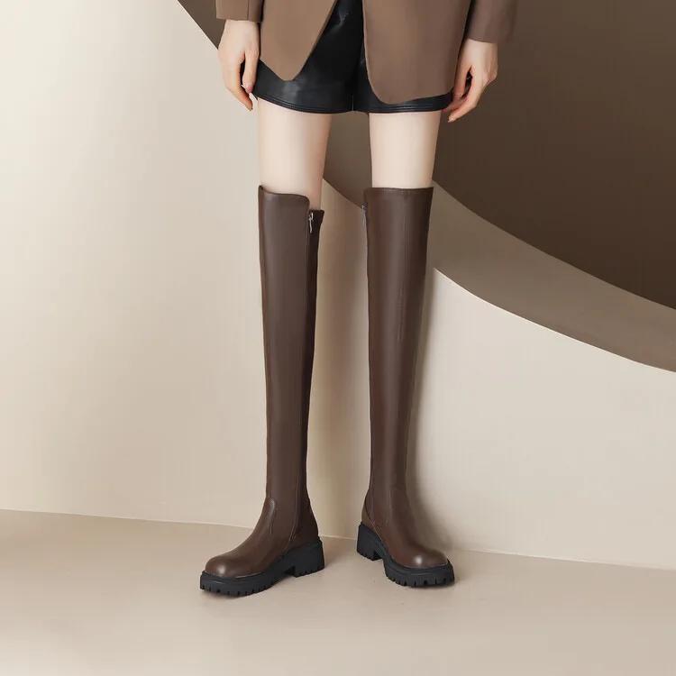 Sexy Over-the-Knee Boots Women High Quality Leather Long Boots Plush Keep Warm Winter High Boots Comfort Thick Heel Elastic Boot