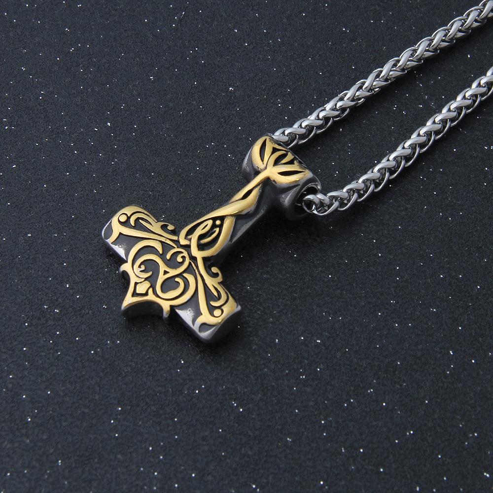 Ожерелье Молот Тора из нержавеющей стали - Подвеска с руной викингов с золотыми акцентами для мужчин и подростков, скандинавская панк-бижутерия, амулет