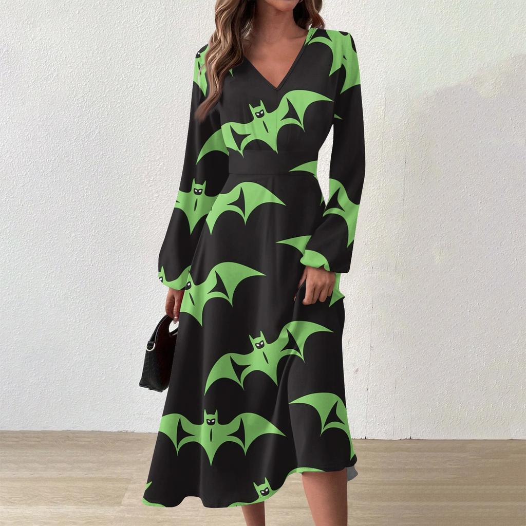 Женское осенне-зимнее повседневное модное длинное платье с v-образным вырезом и длинным рукавом с принтом