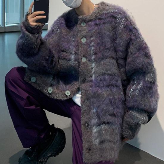 Осень-зима вязаный свитер кардиган однобортный круглый вырез ретро американский стиль толстый эластичный длинный рукав свободный теплый трикотаж повседневная одежда