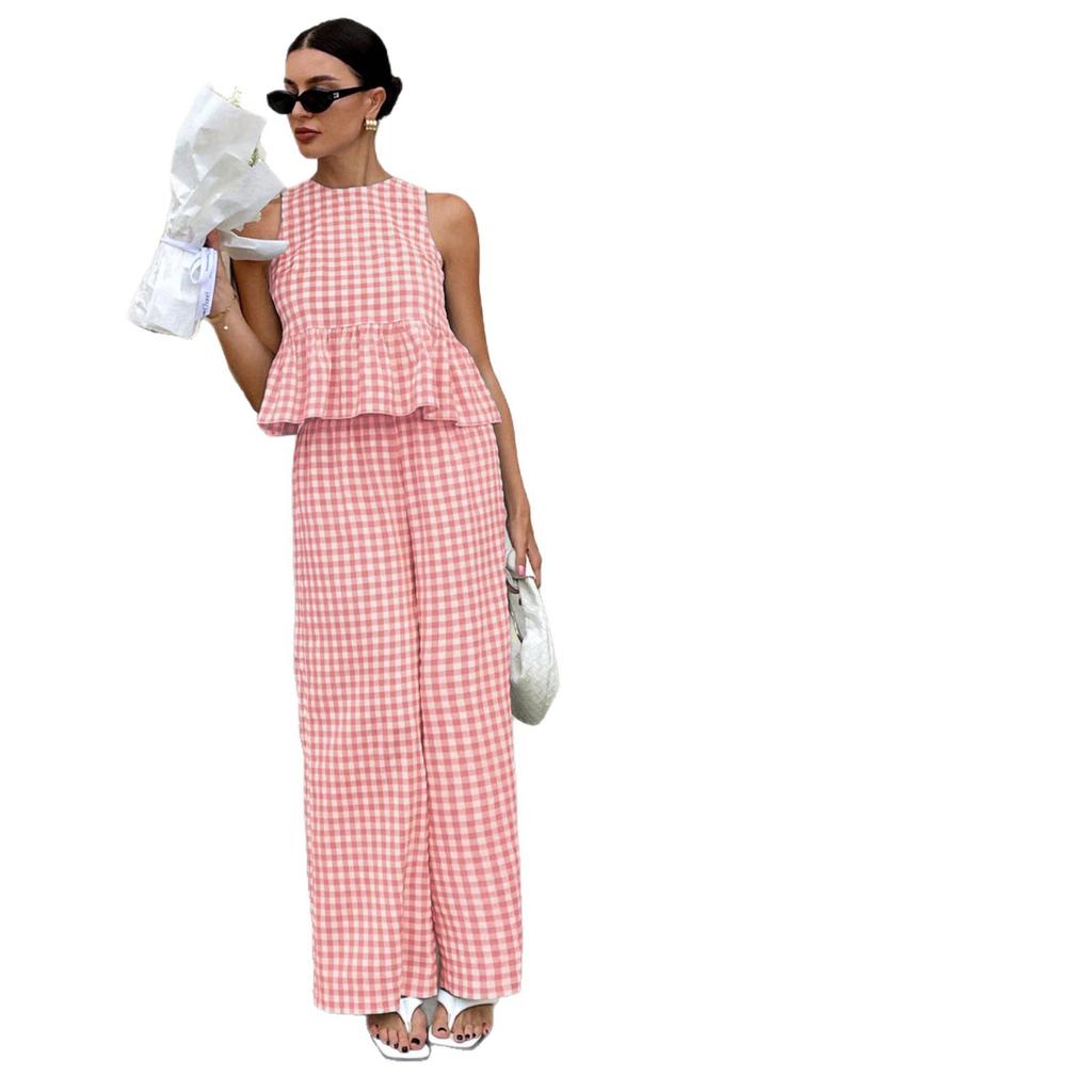 1116 European and American fashion casual round neck sleeveless ruffle edge skirt top high waist straight trousers