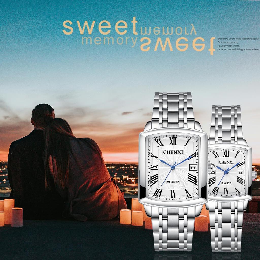 Stainless Steel Calendar Pair 3ATM Waterproof Roman Numerals Analog Display Square Simple Length Adjustable Quartz Couple Watch Silver Boyfriend