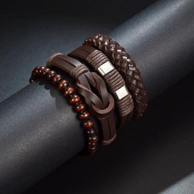 Кожаный браслет из веревки для мужчин, винтажные деревянные бусины, модные мужские браслеты, напульсник