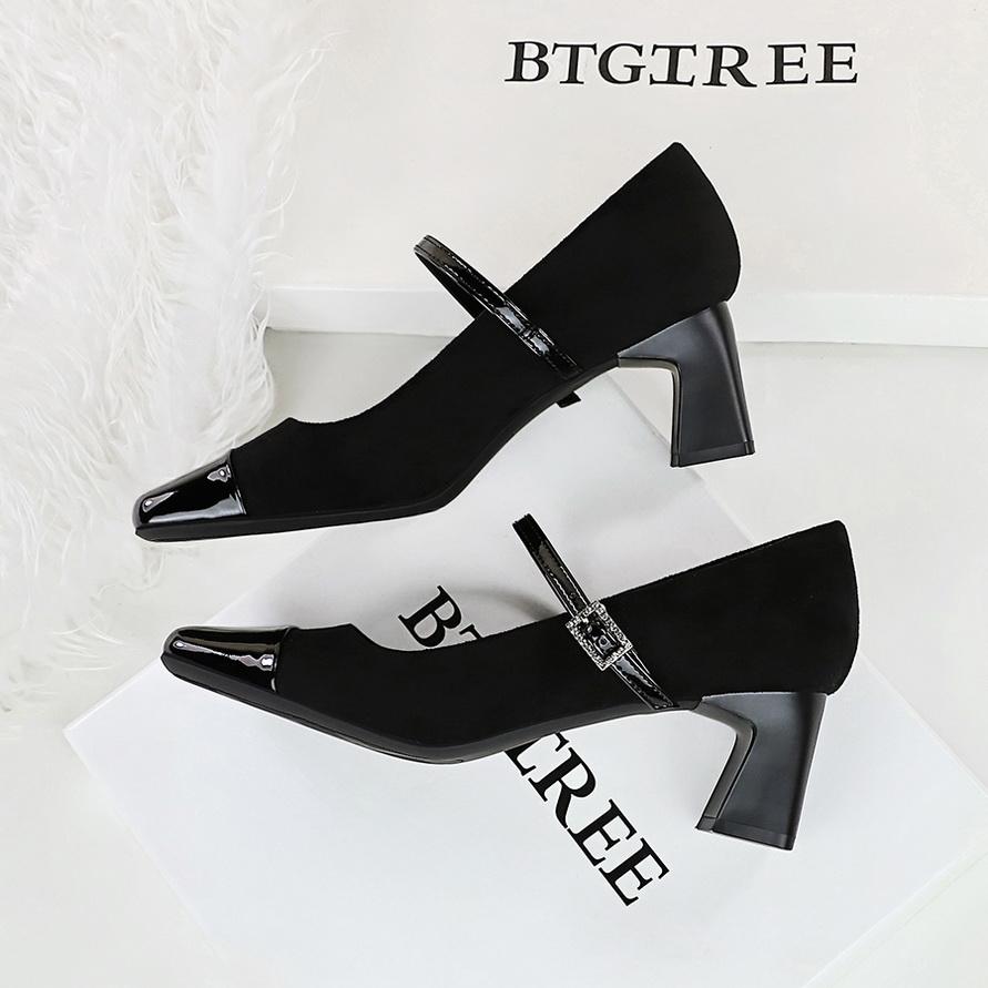 Women's Shoes with Thick Heel, Mid Heel, Shallow Mouth Splicing, Square Toe, Straight Line with Rhinestone Buckle, Single Shoe, Mary Jane Shoes