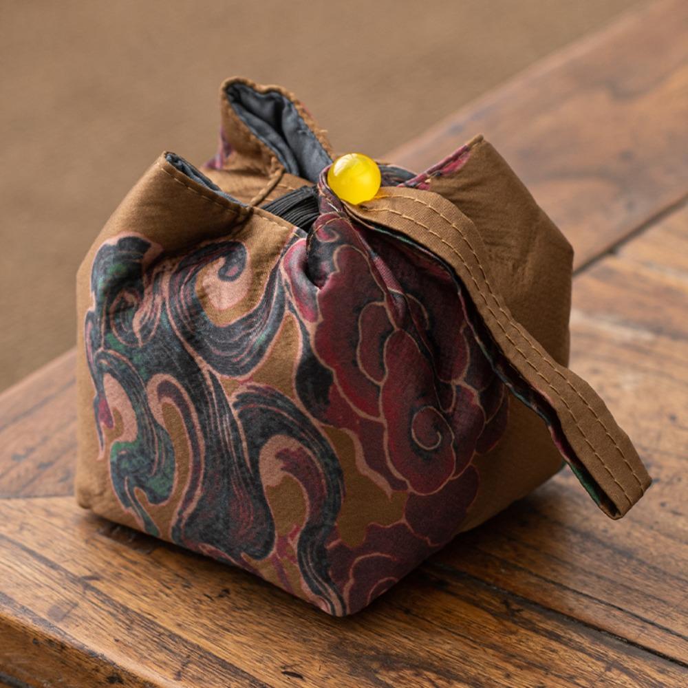 Retro Tea Cup Storage Bag Interwoven Silk Brocade Handbag Printing Teapot Cloth Pouch Camping