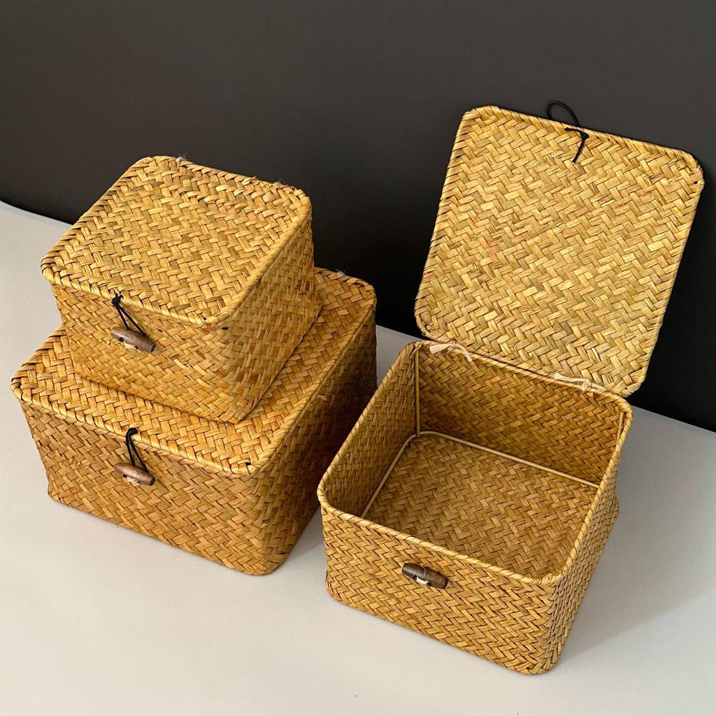 Square Handwoven Bamboo Gift Basket with Lid - High-end Candy Box and Wedding Favor
