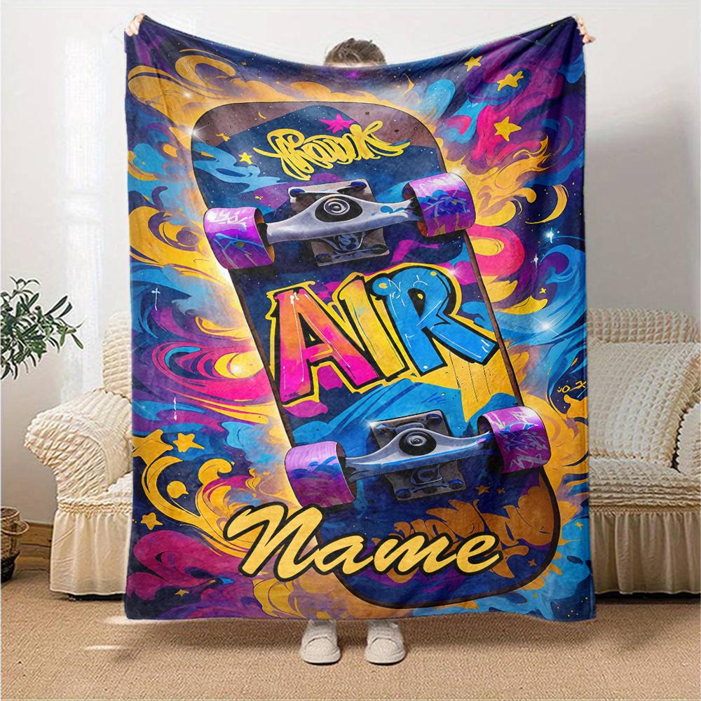 Custom Name skateboard Theme Printed Blanket - Perfect for Couch, Bed, Travel & Outdoor Use | Machine Washable, Cozy & Durable.