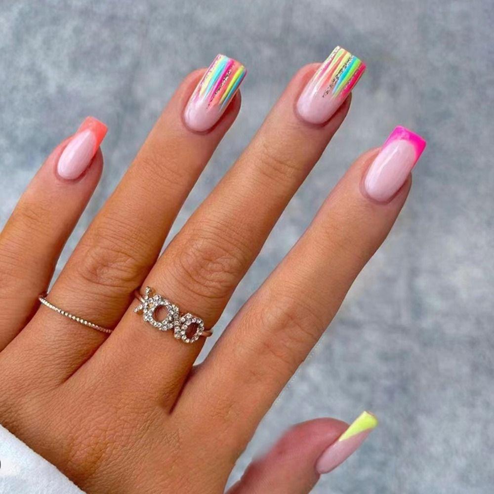 Радужные линии Накладные ногти Длинные квадратные накладные ногти Новые типсы для ногтей своими руками