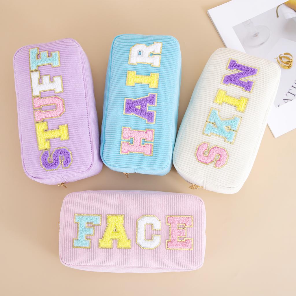Women Girls Travel Corduroy Chenille Letters Patch Skincare Face Hair Stuff Makeup Cosmetic Bag for Daily Use