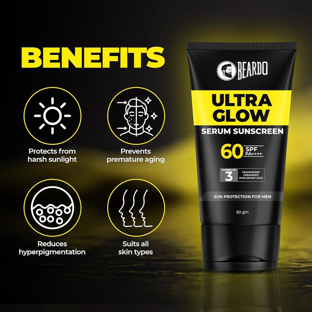 Beardo Glow Mode On Kit With Ultra Glow Serum Sunscreen 50G & Facewash 100g For Brightening Hydrated Skin, Set of 1