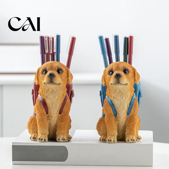 Office Supplies Pencil Cup Golden Puppy Backpack Pen Holder, Cute Animal Stationery Storage Functional Sculpture Ornament, Resin Desktop Organizer,