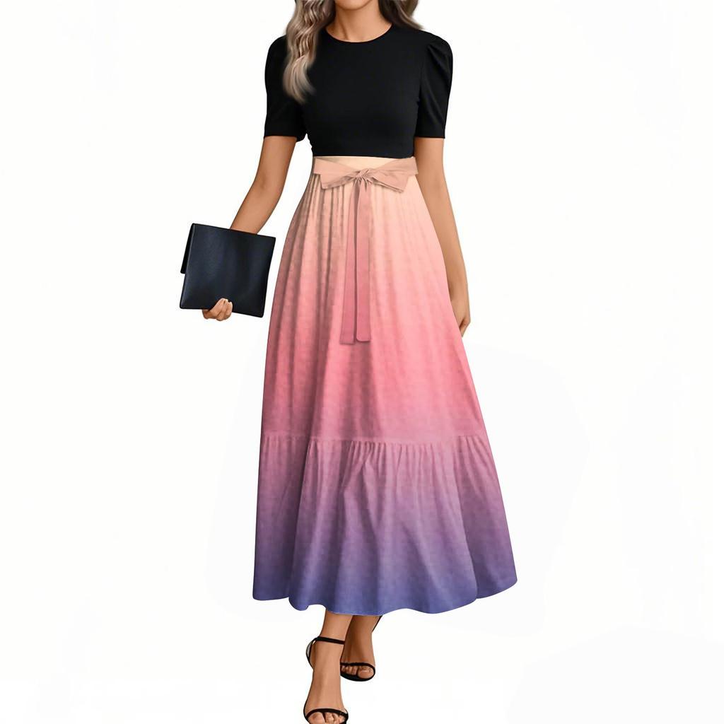 Women's Fashion Casual Belted Short Sleeve Round Neck Printed Elegant Temperament Dresses