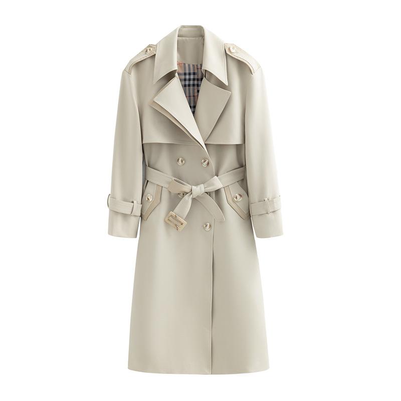 МОДА2024 весна новая женская одежда мода контрастный цвет сращивание дизайн тренчкот британский стиль средняя и длинная тонкая куртка Одежда