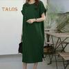 Женское летнее платье с короткими рукавами и круглым вырезом, свободное прямое платье с боковым разрезом, мягкое дышащее платье больших размеров, повседневное платье миди длиной до середины икры для путешествий
