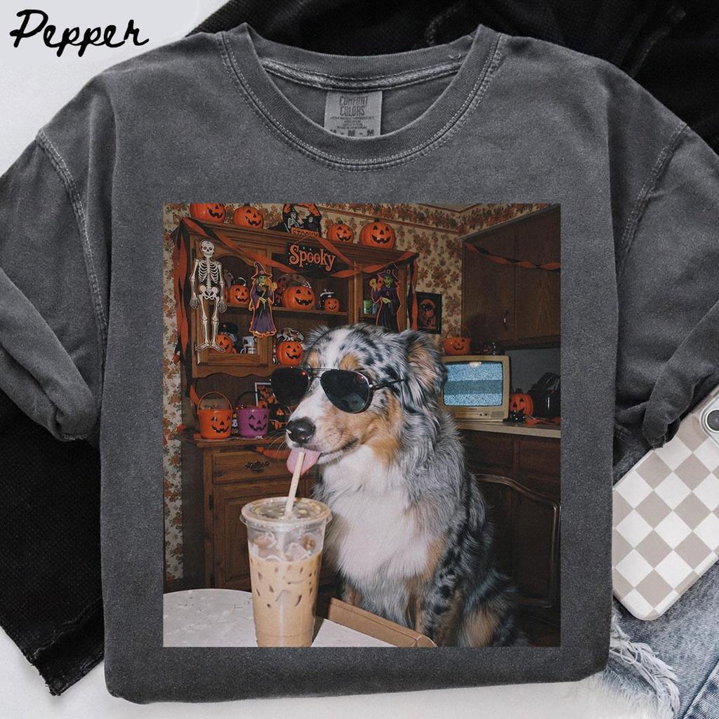 Australian Shepherd Dog Halloween Comfort Colors Shirt, Iced Coffee Dog Mom T-shirt, Funny Mothers Day Gifts, Dog Mama Tee Tshirt