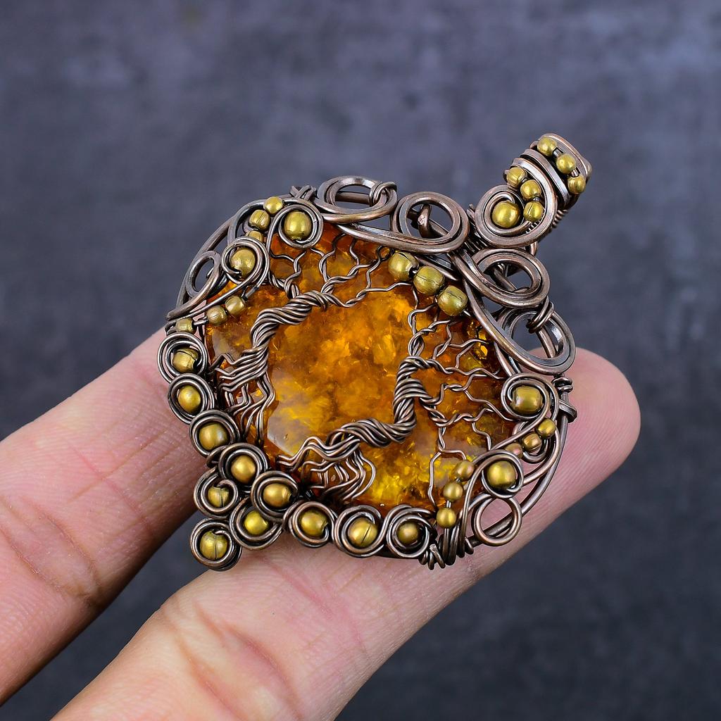 Кулон "Древо жизни" ручной работы из медной проволоки из натурального балтийского янтаря 2,44 дюйма n8n74