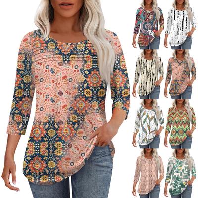 Женская мода круглый вырез шея плиссированная передняя планка однотонный топ рукав 3/4