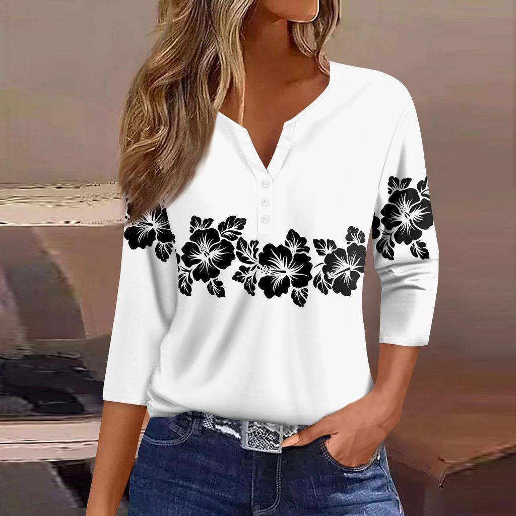 Жен. Футболка Футболка С принтом Пуговицы Рукав 3/4 Повседневные Выходные Мода Классический Классический V-образный вырез Обычный Верх