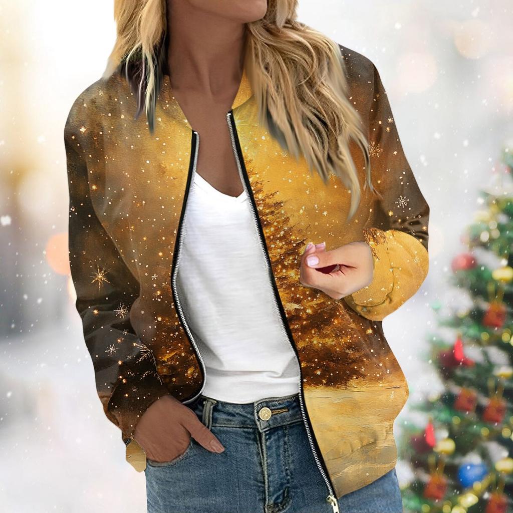 Женская легкая короткая куртка с длинными рукавами на молнии с принтом, повседневная стеганая куртка с карманами, рождественская