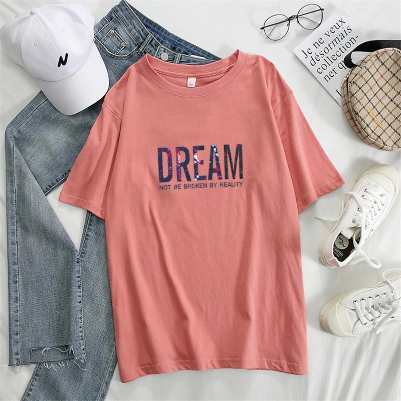 Новая летняя футболка Dream с буквенным принтом, однотонные женские хлопковые футболки большого размера, мягкий женский джемпер, топ