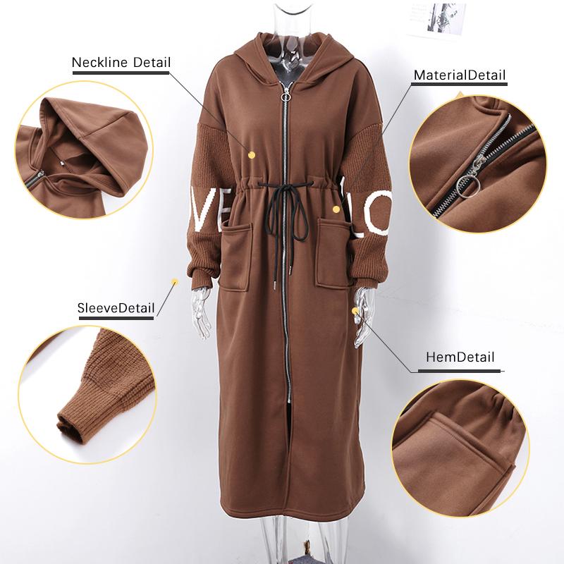Женское Модное Осенне-Зимнее Пальто с Капюшоном Свободного Кроя с Карманами Длинное Лоскутное Тренч-Пальто