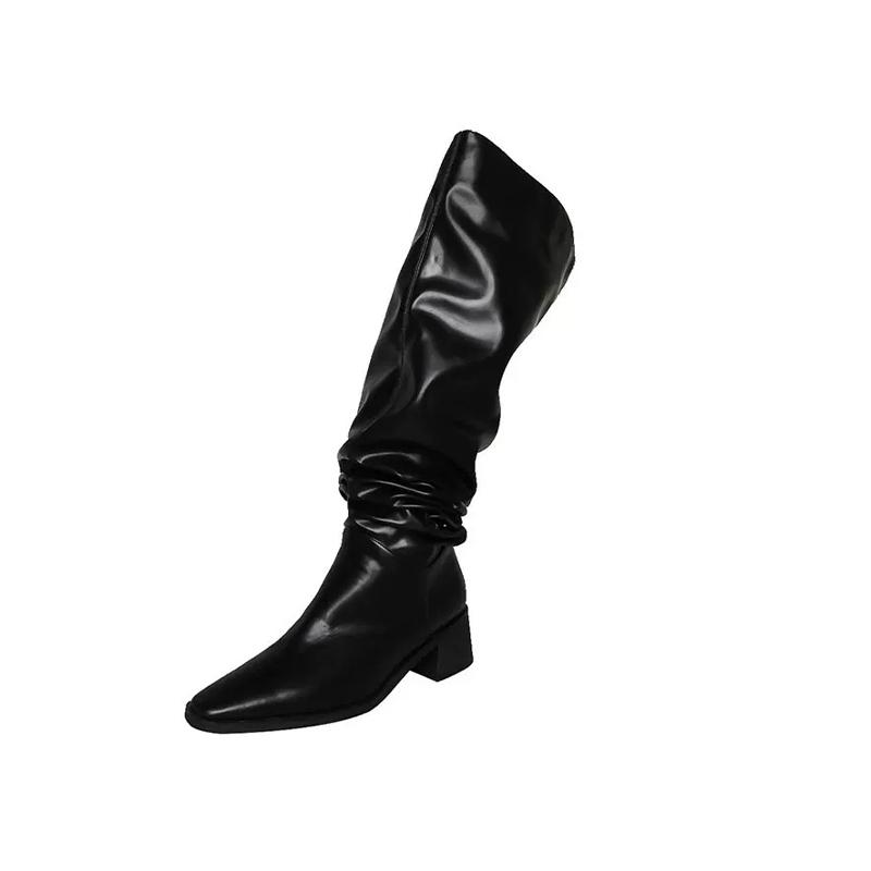 Женские высокие сапоги на среднем каблуке, кожаные массивные плиссированные туфли, женская мода 2024 года, модные ботинки челси, зимние элегантные зимние ботинки Botas Mujer