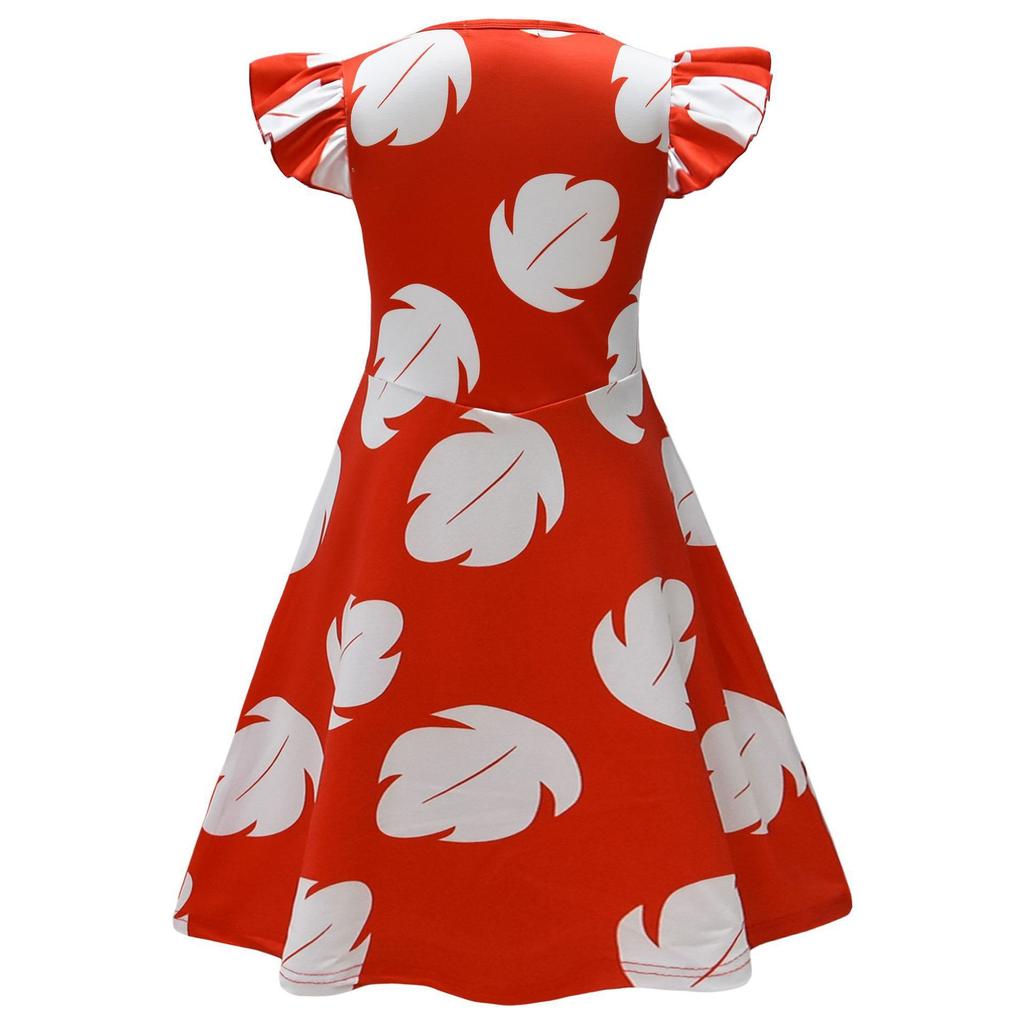 Kids Lilo & Stitch Lilo Cosplay Costume, Red Hawaiian Dress with Green Leaf Accessories for Halloween & Parties