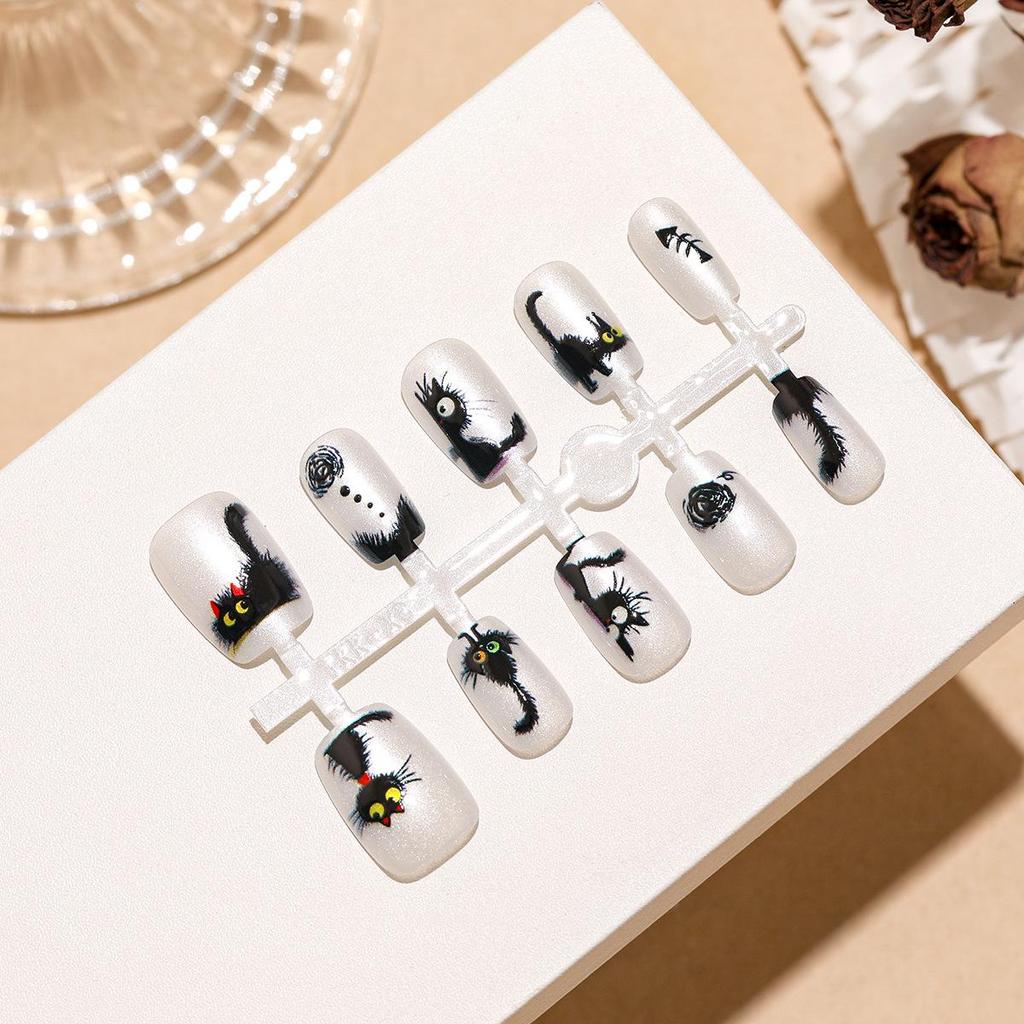 Cursive Kitten Nail Patches: Super Short Black Frizzy Cat Eye Design (30 Pieces)