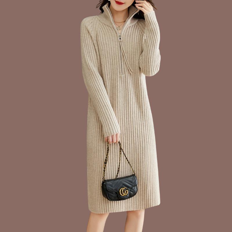 High Neck Thick Zipper Medium and Long Inner Sweater Skirt Autumn and Winter New Knitted Bottoming Dress Women