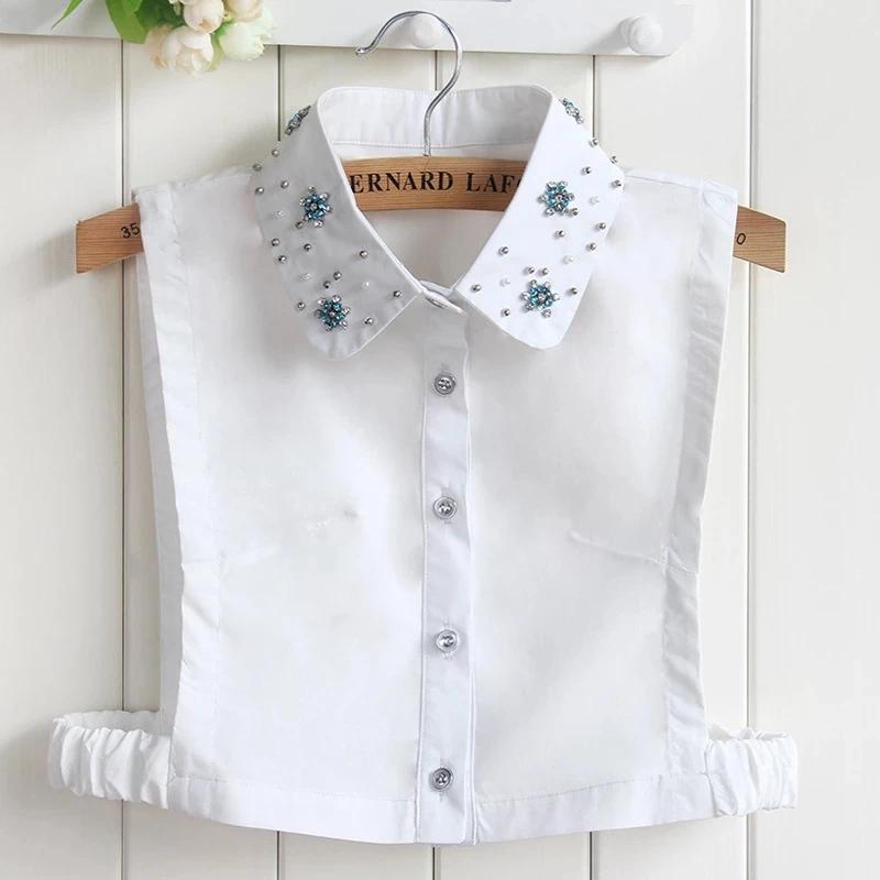 Fashion Embroidery Fake Collar Women Rhinestone Half Shirt Vest Detachable False Collar Faux Cols Lapel Female Necklace Decor