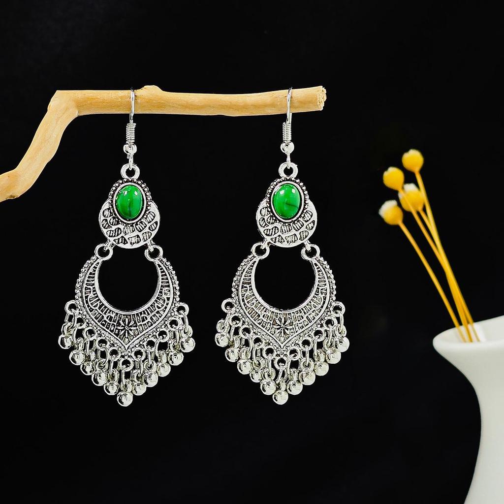 European and American Retro Hollow Turquoise Tassel Bohemian Earrings for Women