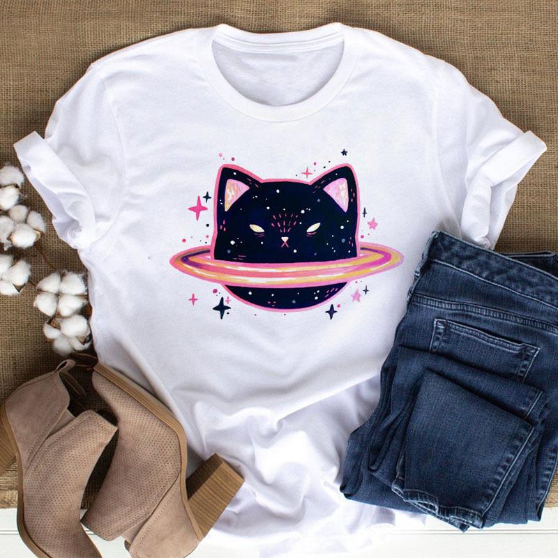 100% Polyester Women's Summer Casual Top with Cute Cat Dog Paw Print round Neck Short Sleeve T-shirt Fashion High Street Style gift