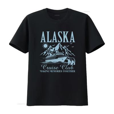 Vintage Alaska Cruise Club Mountain Sea Print Casual T Shirt Vintage Washed Stretched Comfortable Unisex Versatile Streetwear