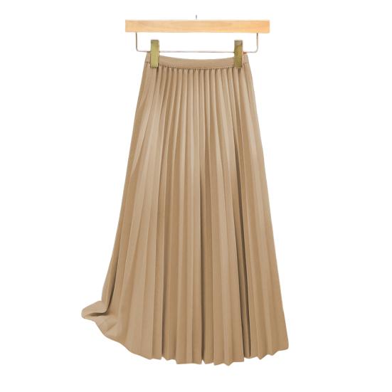 Women Pleated Skirt Elastic High Waist A-Line Long Skirt Solid Color Comfortable Fabric Versatile Skirt Daily Wear