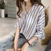 1116 Spring New Han Fan Lace-up Seven-Sleeve Striped Shirt Women's Loose Casual Chiffon Bottom Top Women's