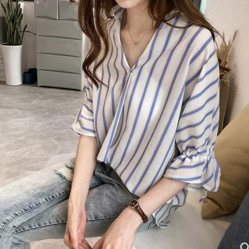 1116 Spring New Han Fan Lace-up Seven-Sleeve Striped Shirt Women's Loose Casual Chiffon Bottom Top Women's