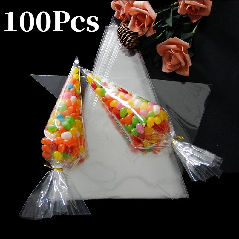 100Pcs DIY Candy Bag Wedding Favors Birthday Party Decoration Sweet Cellophane Transparent Cone Storage Bag