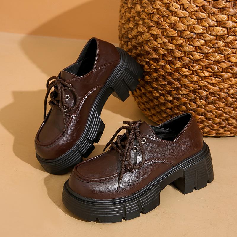 Женские весенне-осенние новые ретро одинарные туфли на шнуровке, женские туфли на толстой подошве-маффин в британском стиле, маленькие кожаные туфли для женщин
