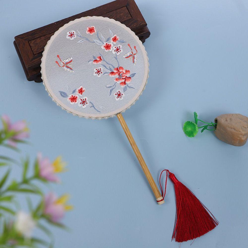 Классический круглый веер в китайском стиле, винтажный вышитый шелковый веер, двусторонний с кисточкой, ручной веер для женщин