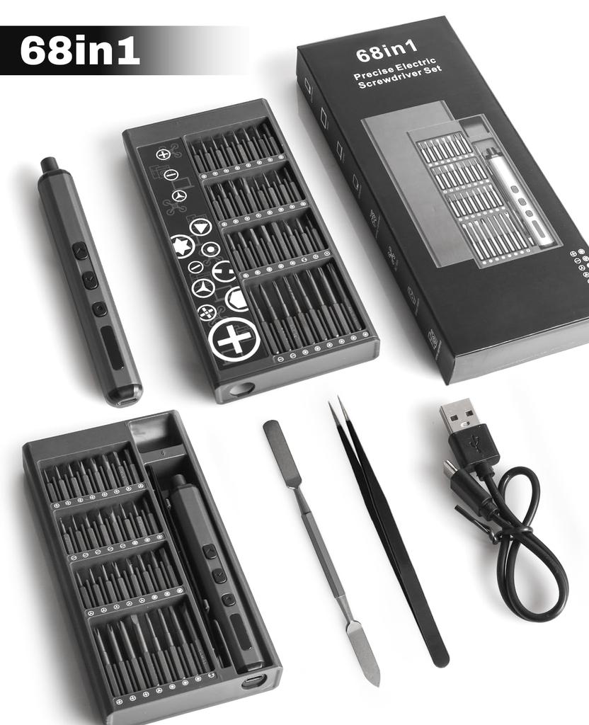 Набор прецизионных электрических отверток 68 в 1, мини-аккумуляторные 64 биты S2, 5 настроек крутящего момента, светодиодный индикатор для ремонта электроники ПК, радиоуправляемого оборудования