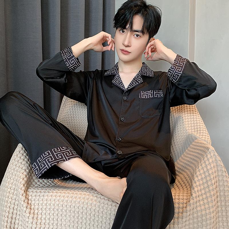 Мужской пижамный костюм весна-осень ледяной шелковый кардиган с длинными рукавами атласная пижама для мужчин домашняя одежда лето