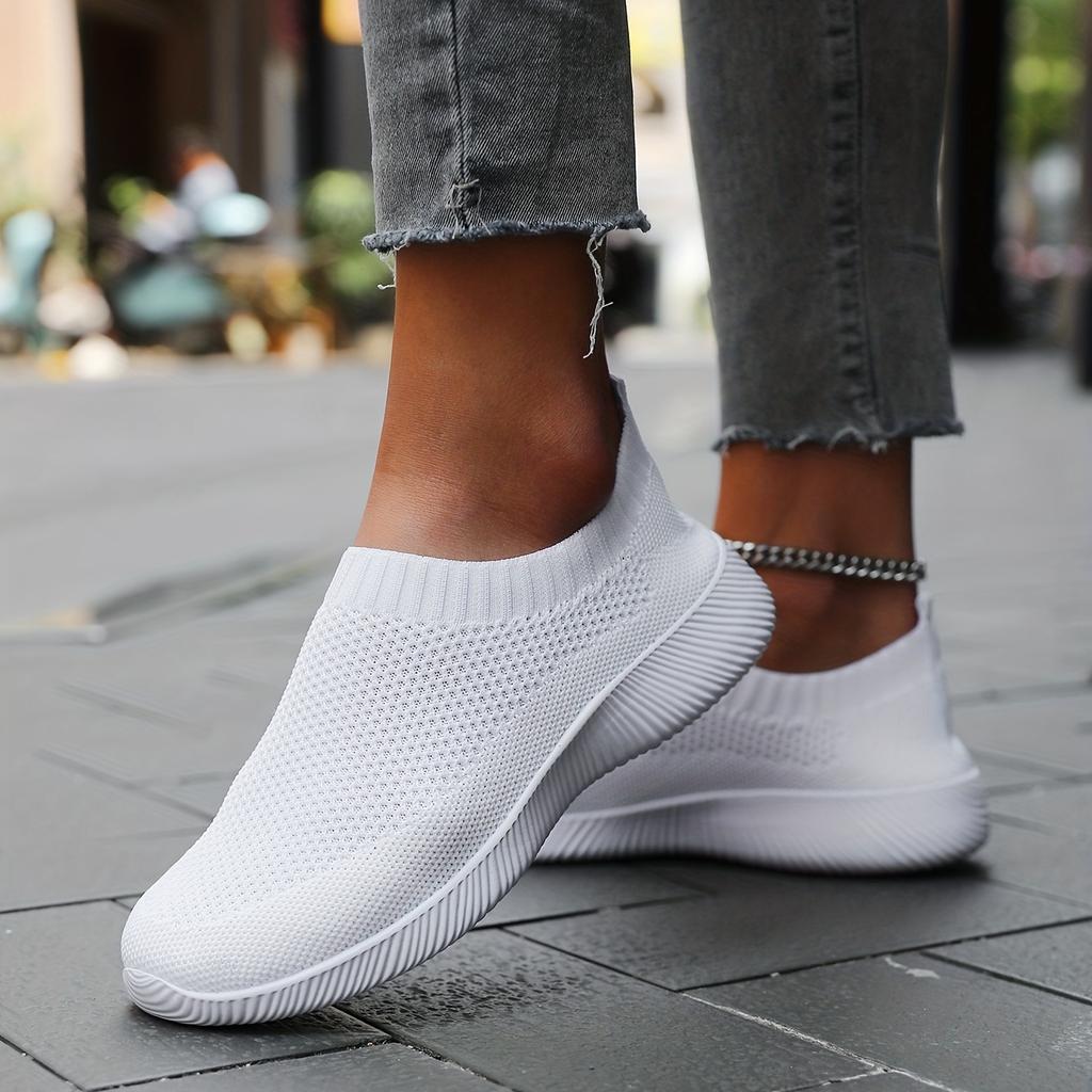 Women's Solid Color Flying Woven Sneakers, Casual & Breathable Slip On Outdoor Shoes, Lightweight Low Top Running Shoes