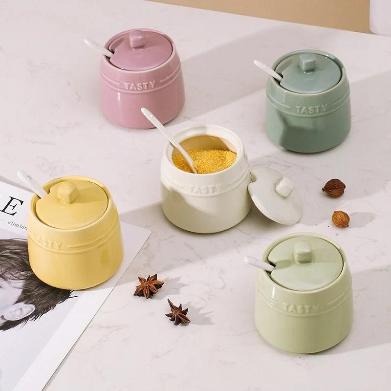 Porcelain Condiment Jar Container with Lid Spoon Ceramic Sugar Bowls Seasoning Box Salt Jars Tea Caddy for Kitchen Countertop