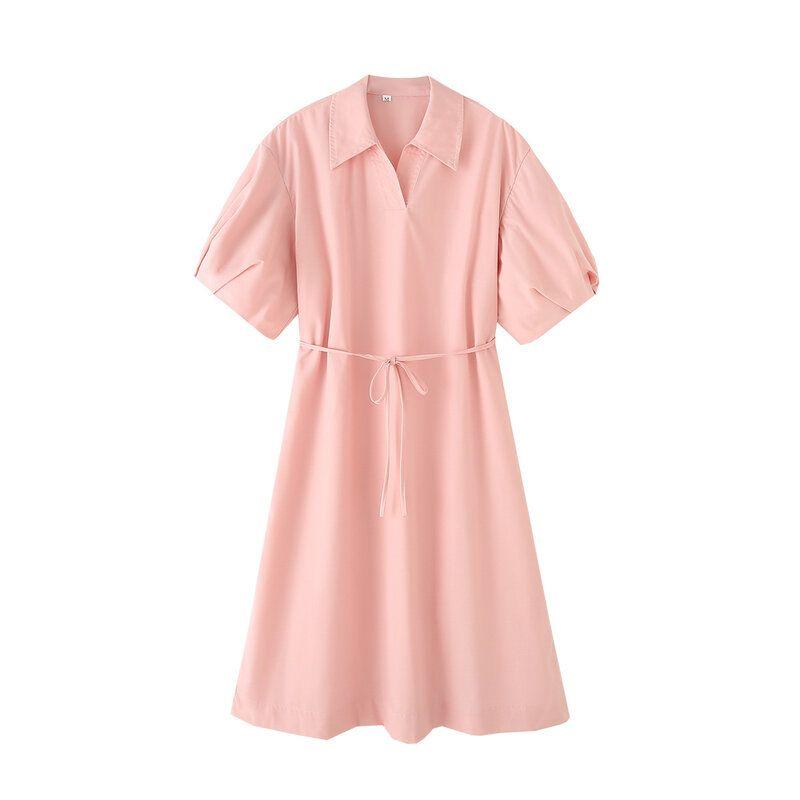 Fashion Style 2024 Summer New Arrival Women's Clothing Temperament Wild V Neck Pure Cotton Tied Shirt Style Mid Length Long Length Dress