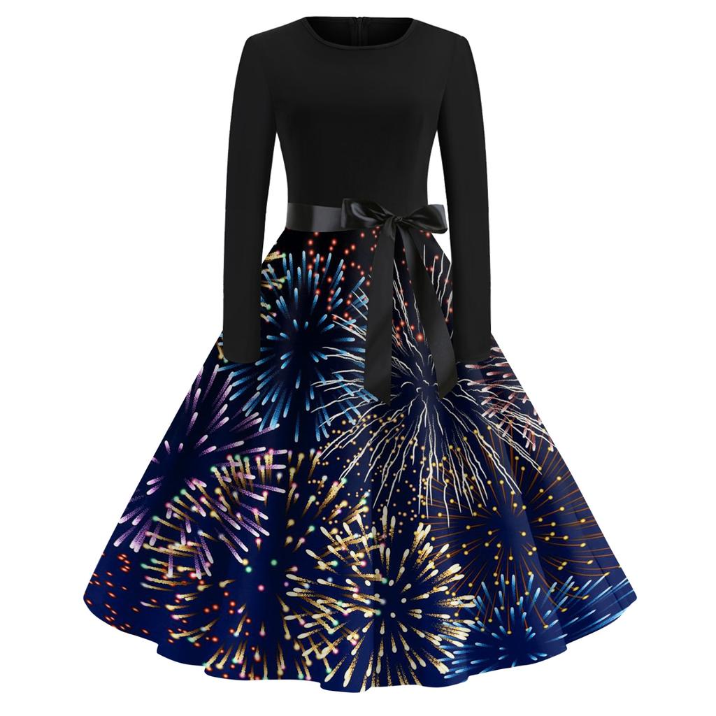 Женское повседневное модное платье с круглым вырезом и длинным рукавом с новогодним принтом в ретро-стиле
