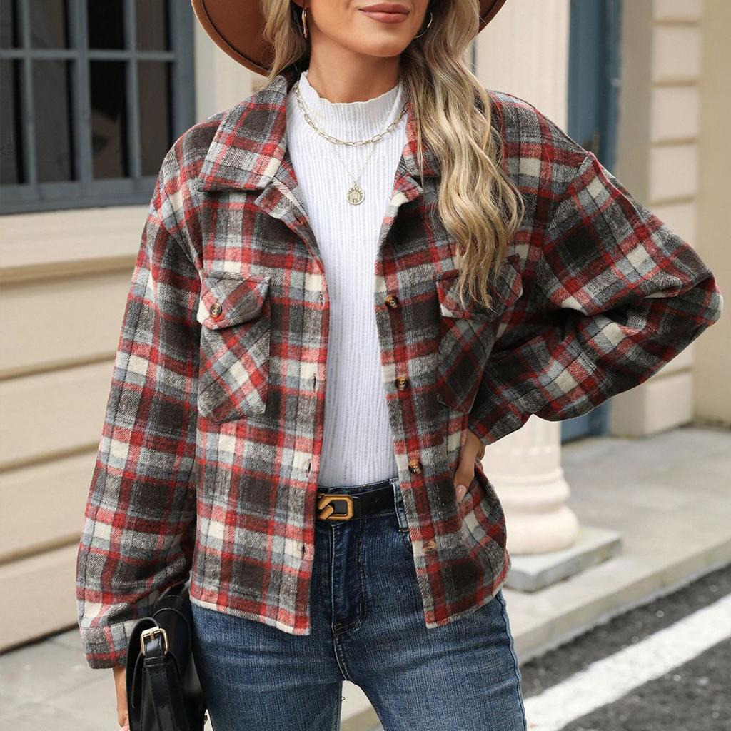 Женское и зимнее новое шерстяное пальто с длинным рукавом и карманами в клетку